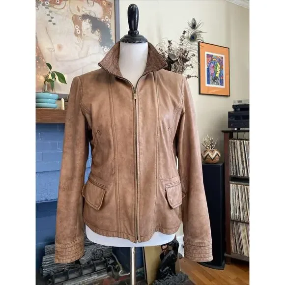 Y2K Vintage Moto Jacket Italian Leather Zip Brown SR Clothing Womens L READ - Picture 1 of 16